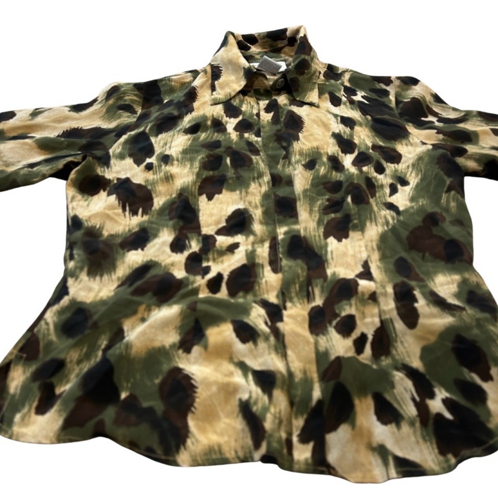 Vintage Tess Silk Cheetah Print Button Down Shirt | Size 4 | Green/Brown/Multi - Picture 3 of 5
